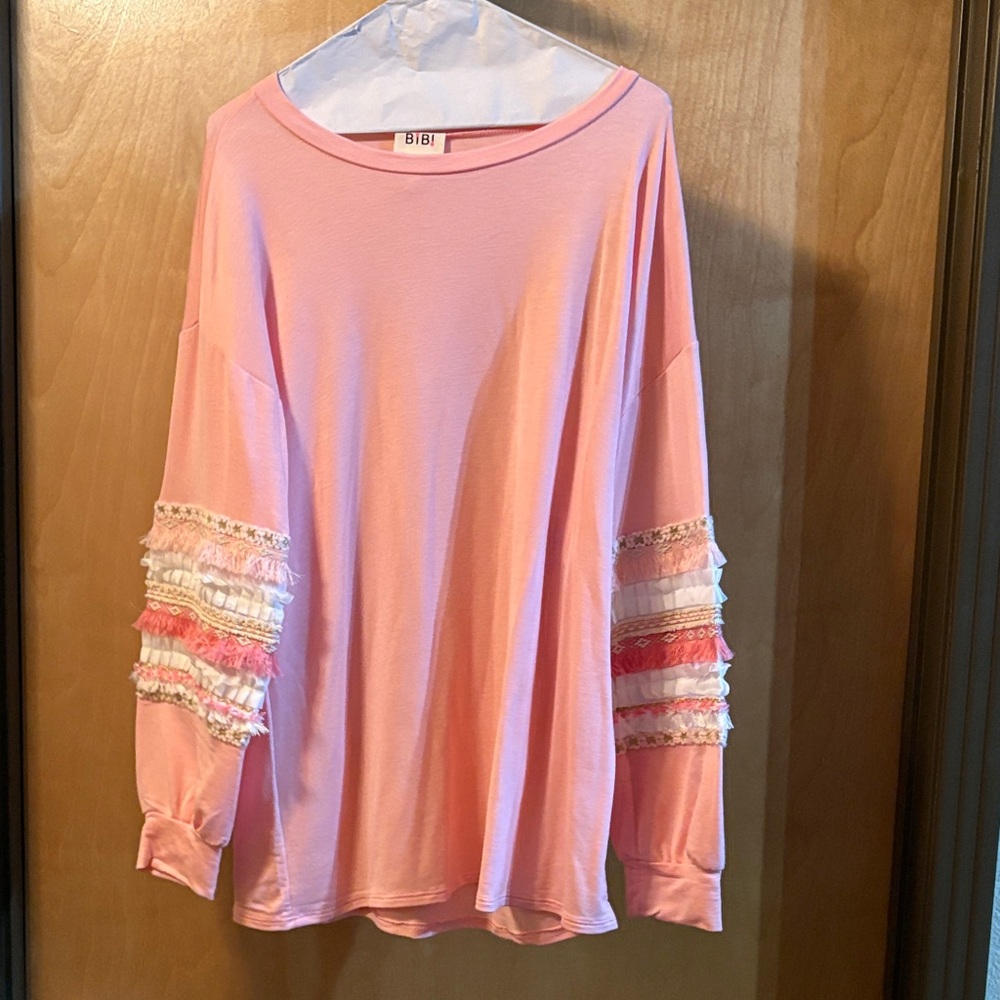 BiBi Pink Long Sleeve Top with Ruffle Details; Size L